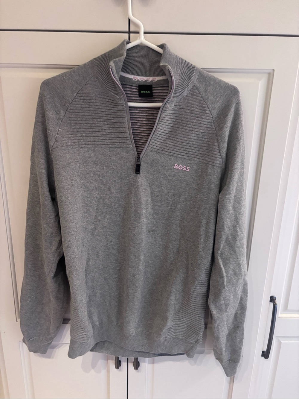 BOSS Men's Light Gray Quarter-Zip Pullover with Pink Logo large
